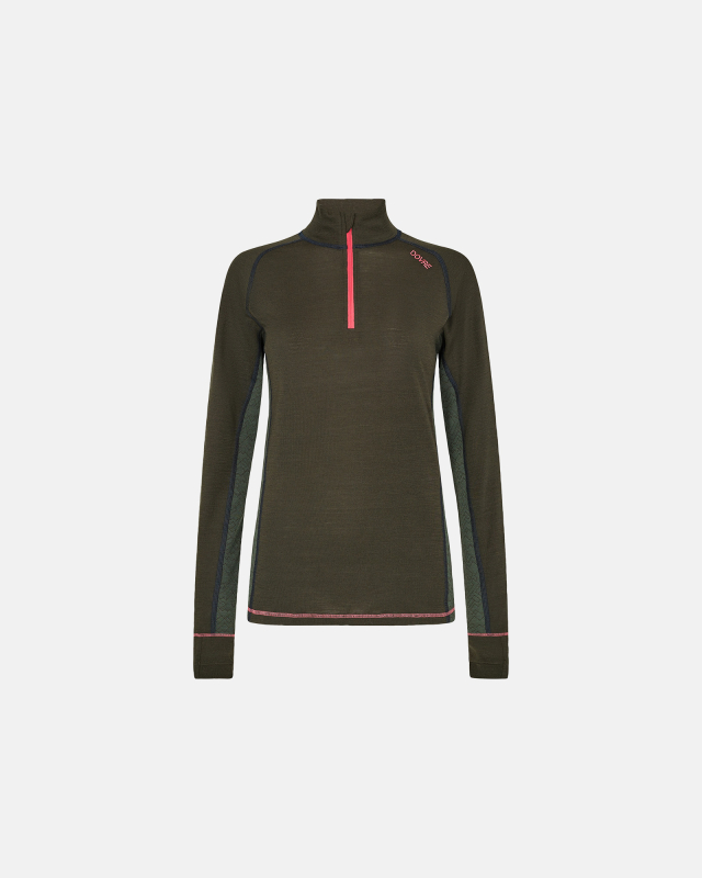 Langermet t-skjorte  "Half Zip", 100% Ull, Grønn -Dovre Women