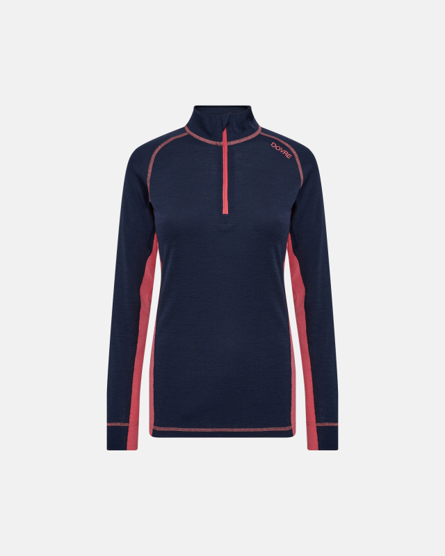Langermet t-skjorte "Half Zip", 100% ull, Navy -Dovre Women
