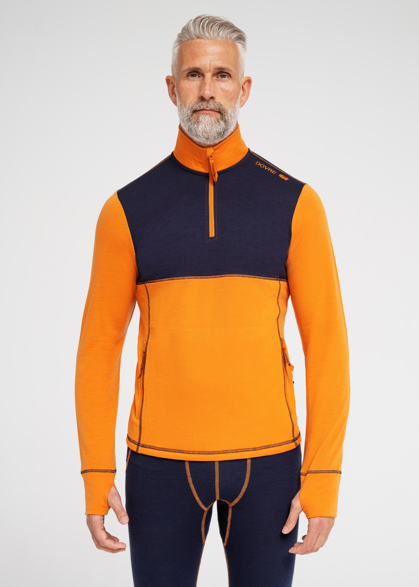 "Midlayer" zip, 100% merino ull, orange/marine -Dovre "Midlayer" zip, 100% merino ull, orange/marine -Dovre