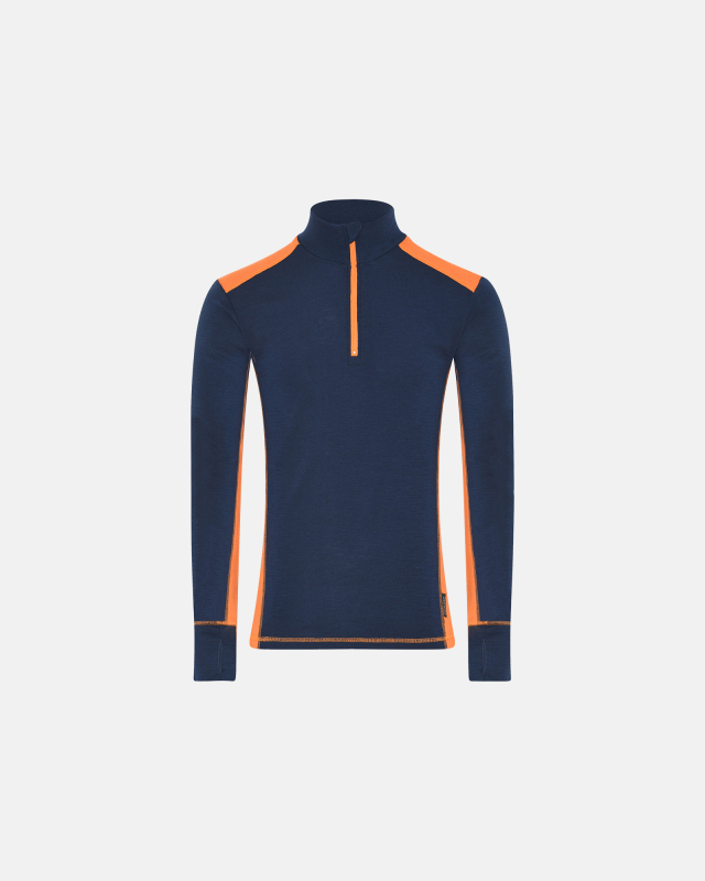 Langermet t-skjorte "Half Zip", 100% merino ull, marine/orange