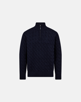 Cable strik med zip, 100% Ull, Navy Cable strik med zip, 100% Ull, Navy