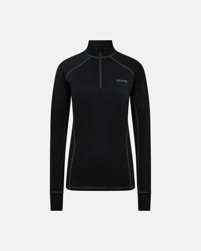 Langermet bluse med zip, 100% Merino ull, Svart -Dovre Women
