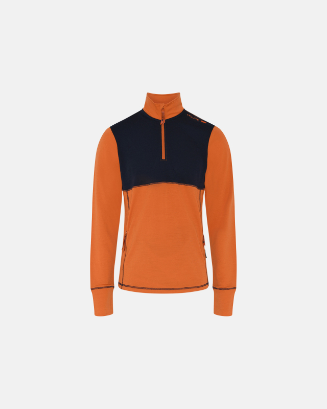 "Midlayer" zip, 100% merino ull, orange/marine