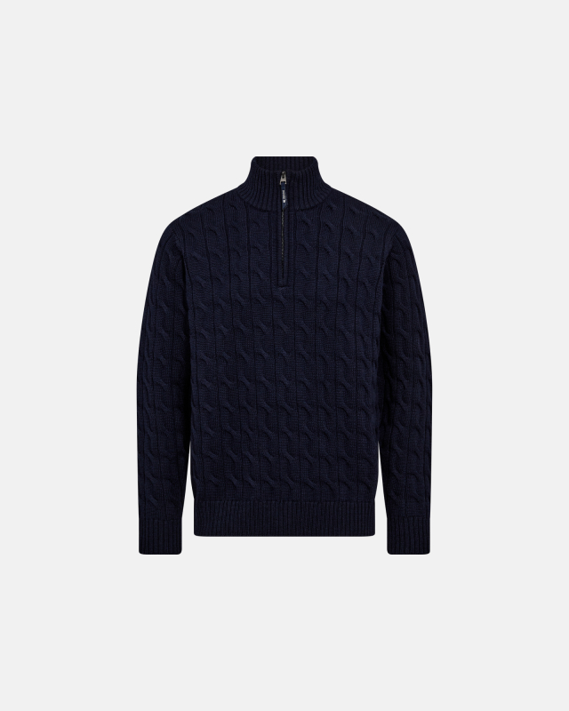 Cable strik med zip, 100% Ull, Navy